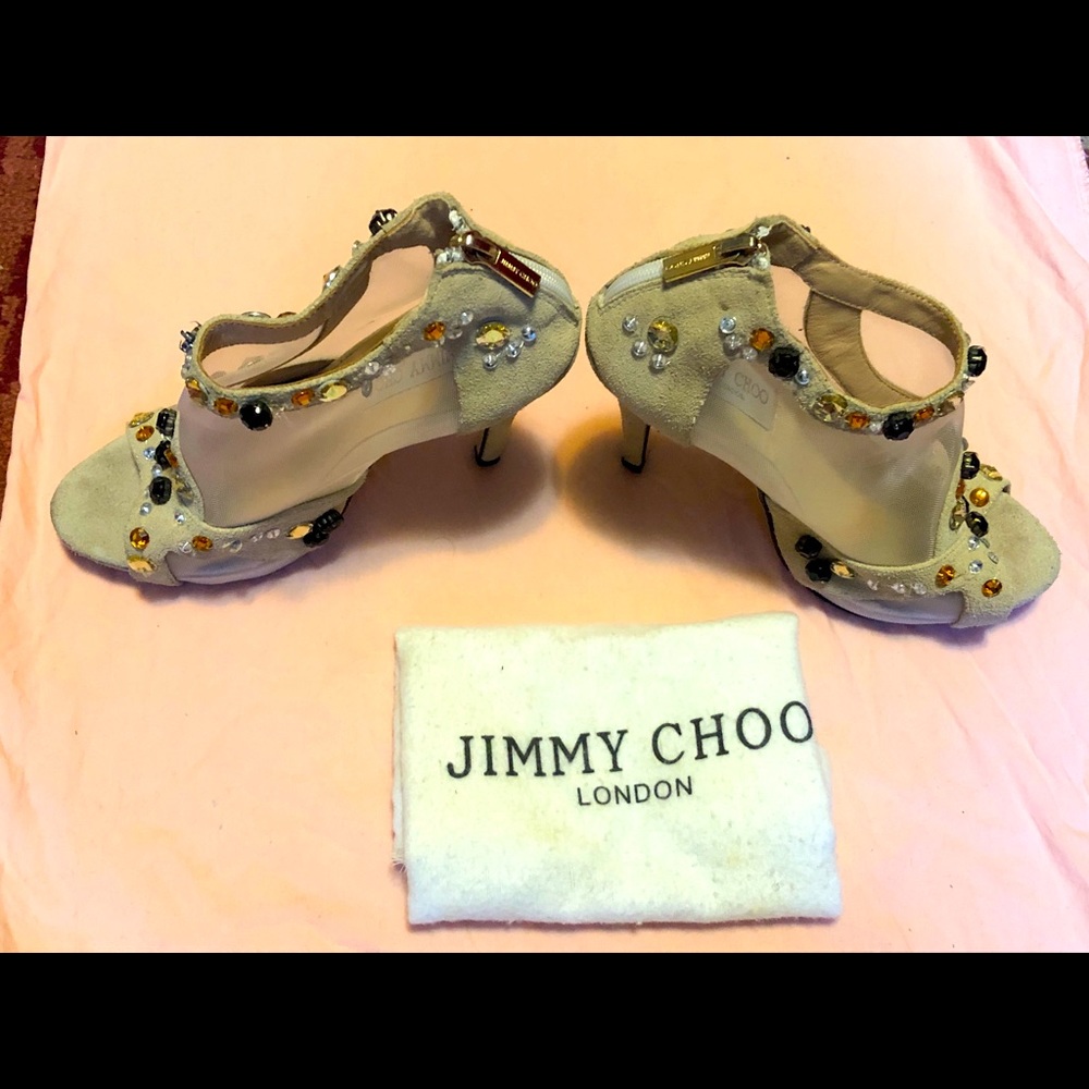 Jimmy Choo rhinestone tan/cream mesh heels